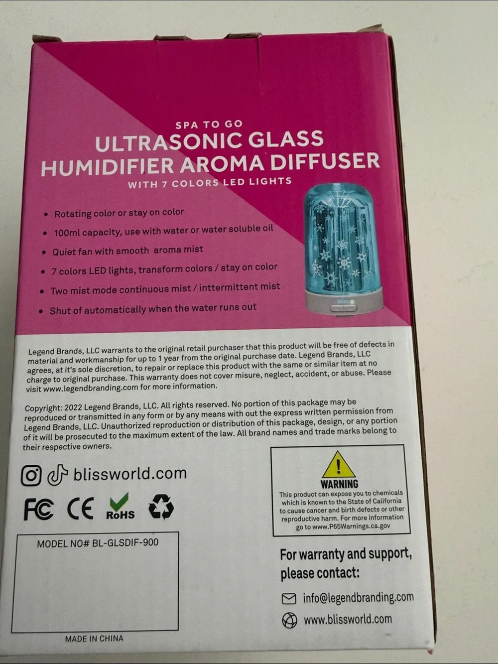 NIB Bliss Blue Ultrasonic Glass Humidifier Aroma Diffuser 7 color led lights